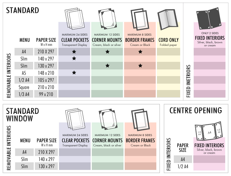 Wood menu Paper size, clear pockets corner mounts border frames cord