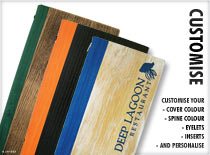 Customise your cover colour, spine colour, eyelets, inserts, and personalise